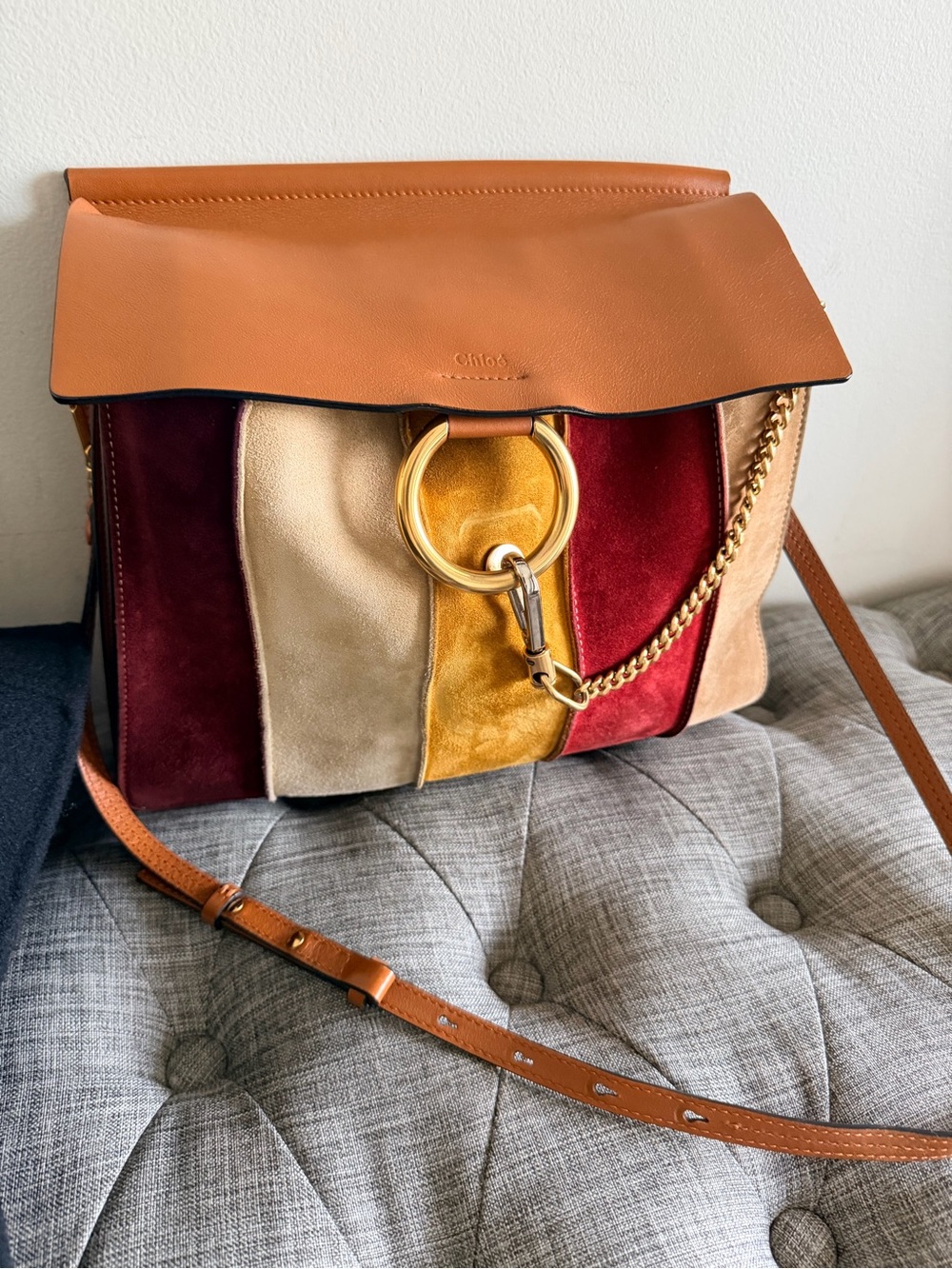 Chloe Suede Striped Patchwork Medium Faye Shoulder Bag in Caramel